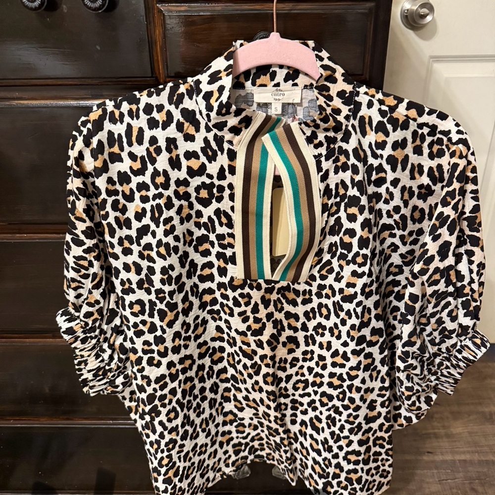 Entro Leopard Print Top with Striped Accent